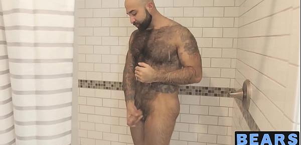  Bear washes his furry body and spanks his thick monkey